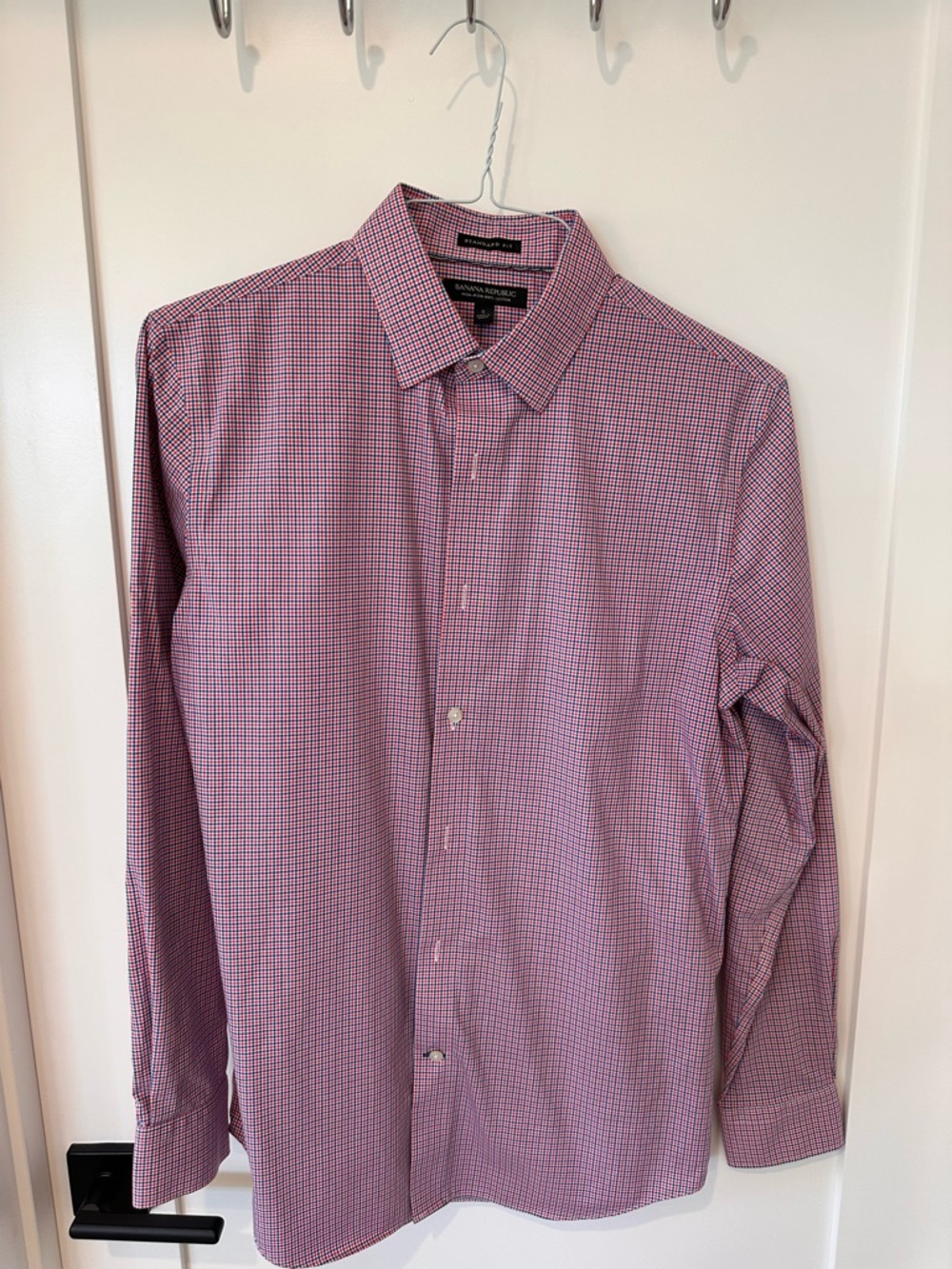 Banana Republic Men's Pink and Blue Micro-Check Dress Shirt